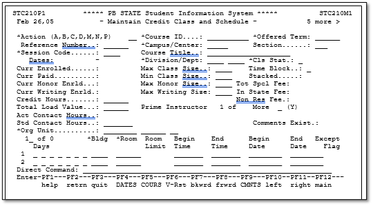 Primary Entry Panel for Credit Classes